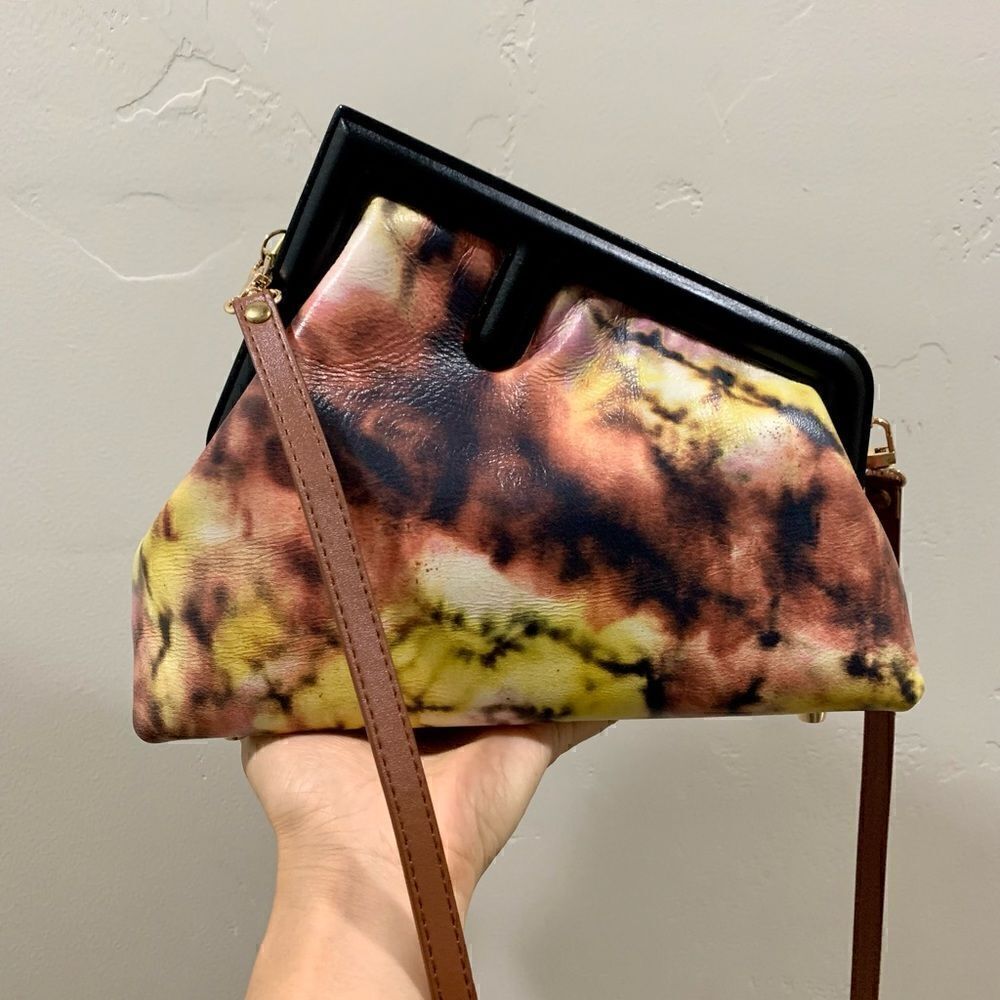 Handmade Genuine Premium Leather Tie-dye Printed Wooden Frame Bag with 2 Straps
